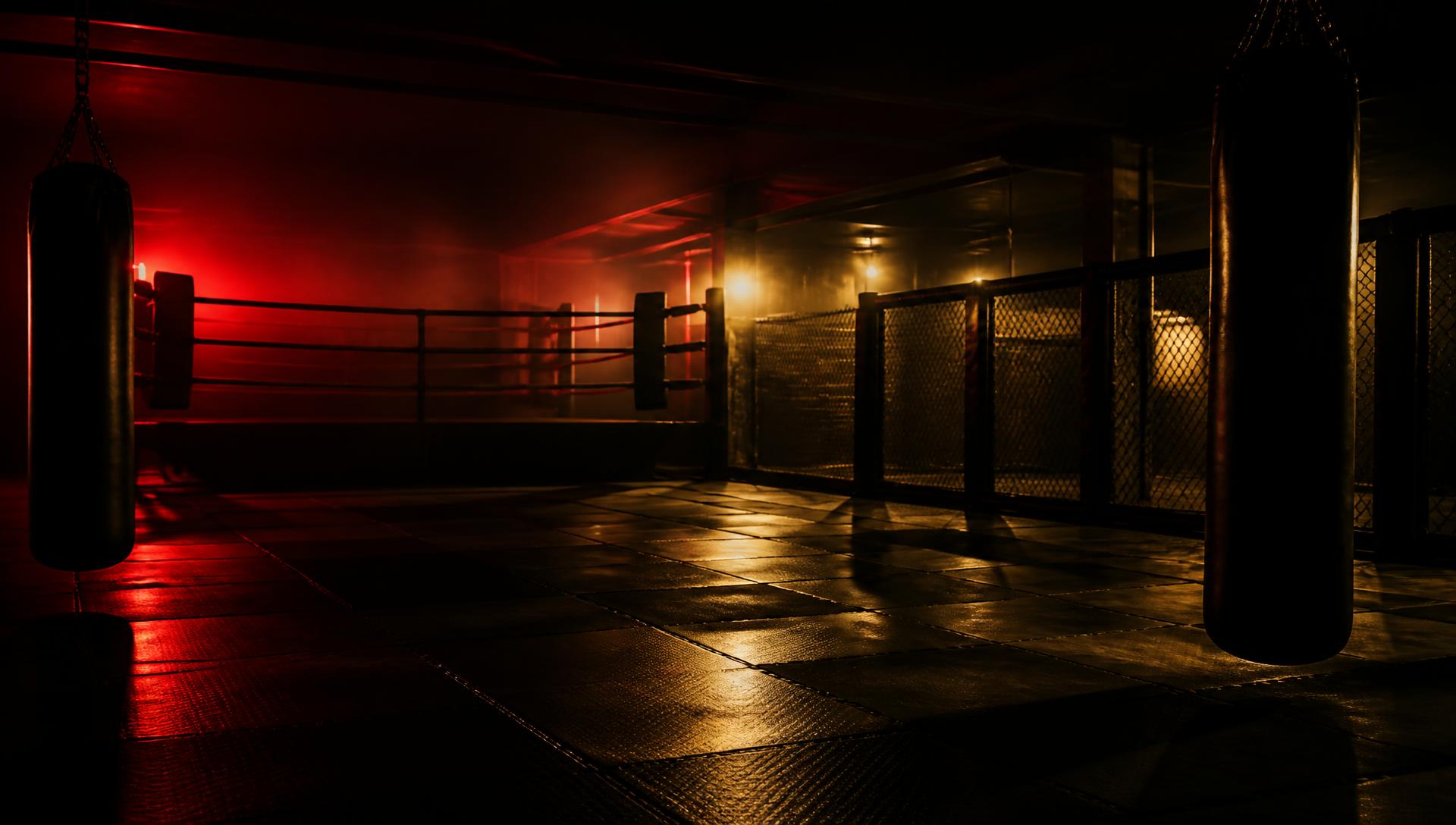 Dimly lit combat gym with mats, ring ropes and heavy bags